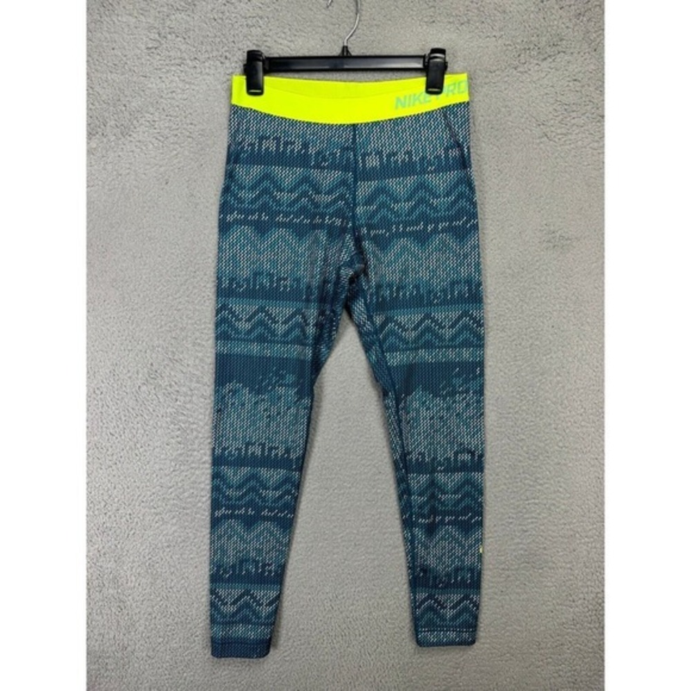 Nike Pro Legging Pants Women Large Dri-Fit Teal Geometric Athletic Ankle Pull On